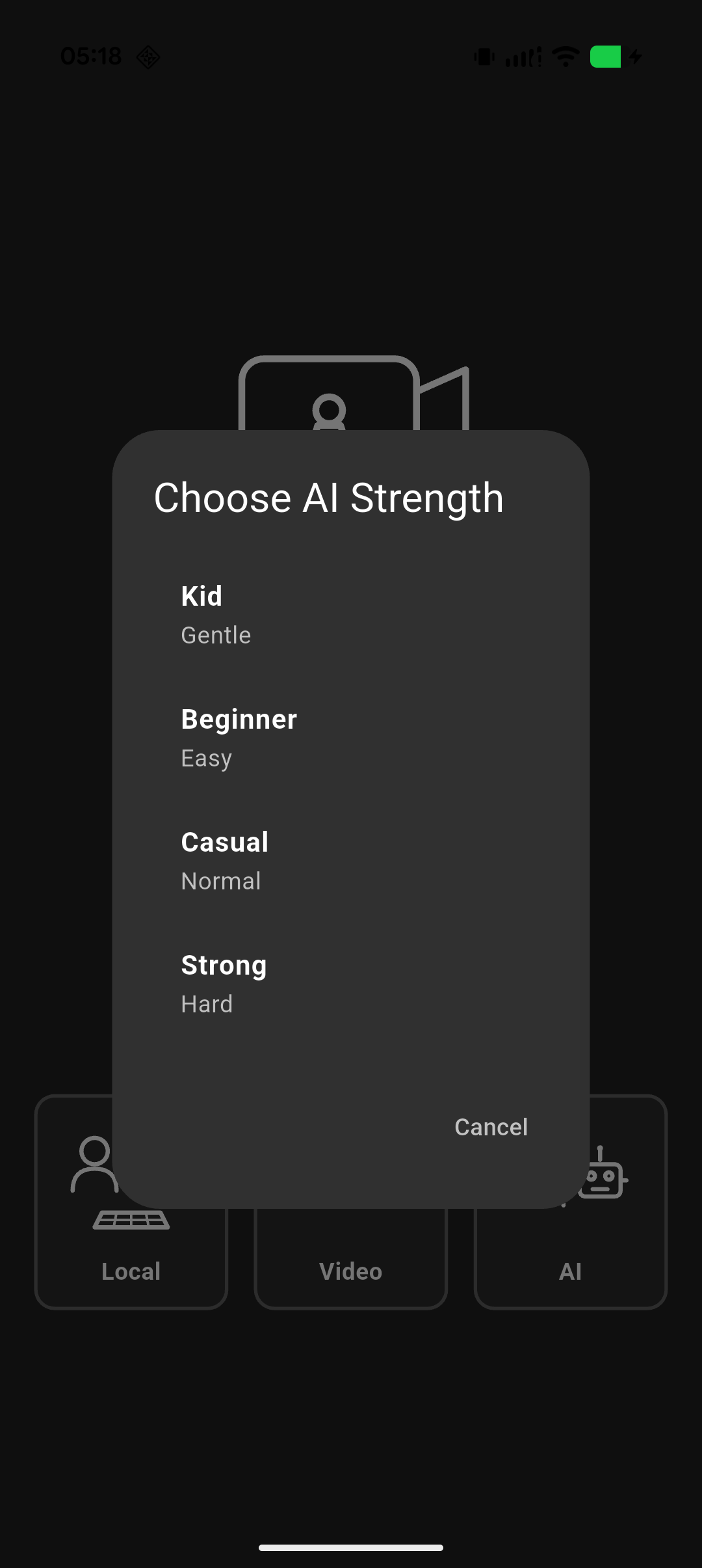 Menu showing kid-friendly AI difficulty levels like Kid, Beginner, Casual, and Strong