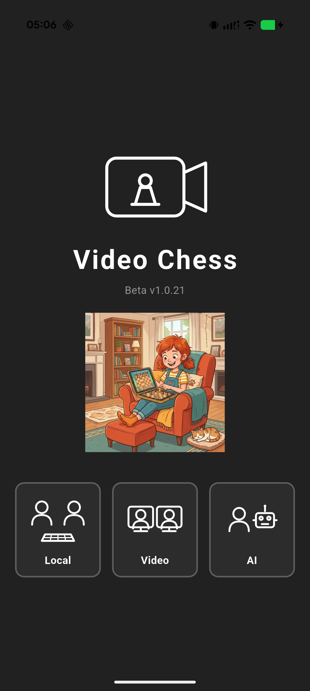 Video Chess start screen showing local, video, and AI play modes